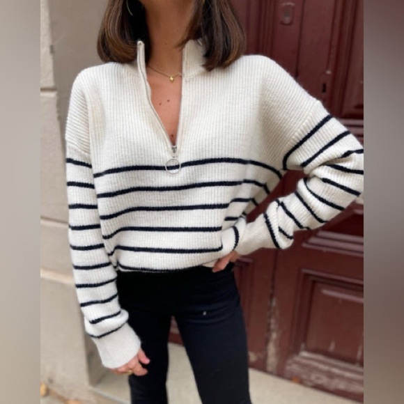 Striped White Black Knit Sweater Quarter Zip Relaxed Fit Sailor Minimalist Cozy - Picture 3 of 10